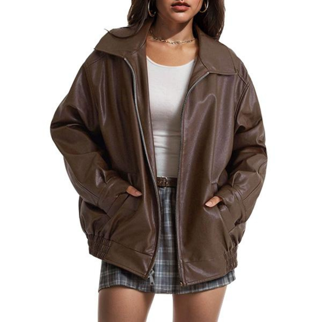 Oversized Faux Leather Zip Front Collared Jacket 2