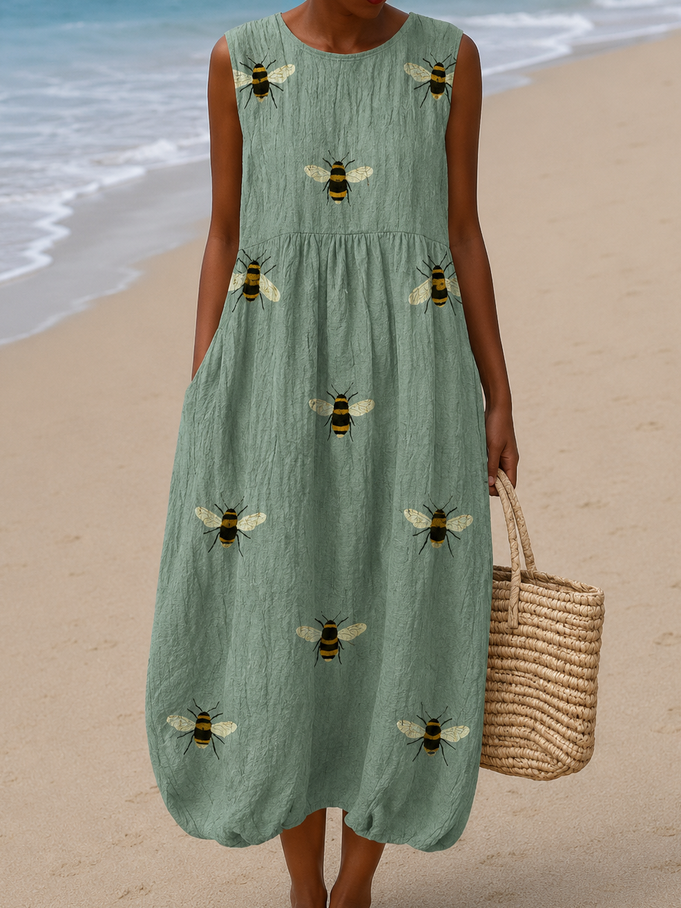 Bee Print Sleeveless Round Neck Cocoon Midi Dress