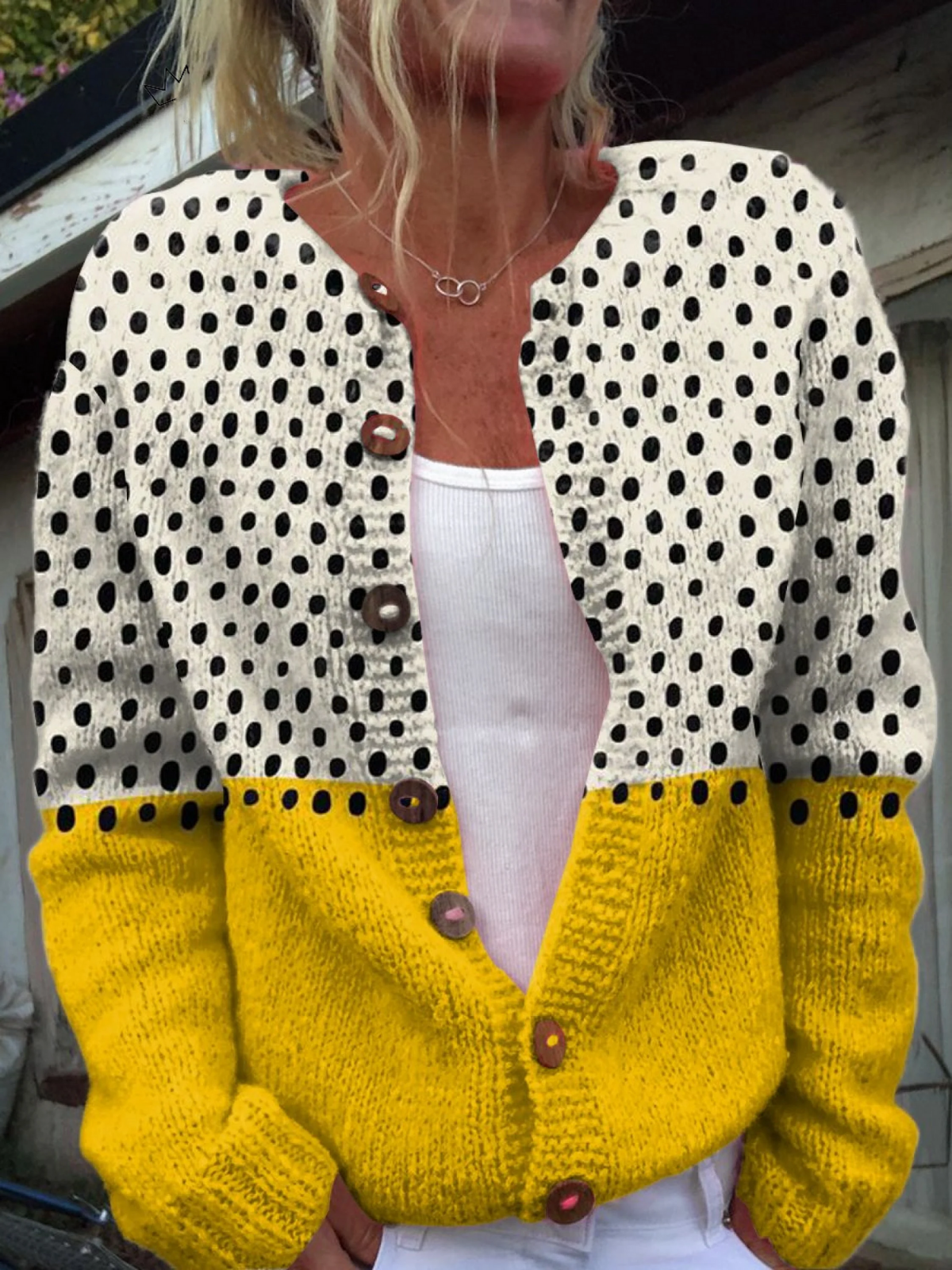 Polka Dot Contrast Panel Button Front Knit Cardigan