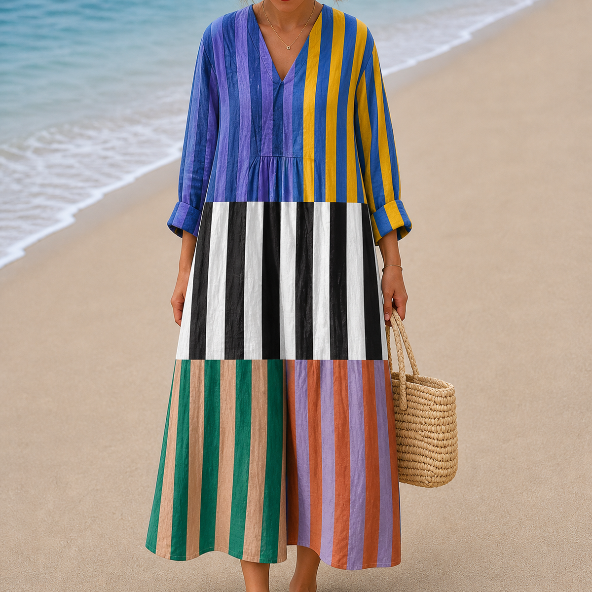 Vertical Stripe Colorblock V-Neck Long Sleeve Maxi Dress