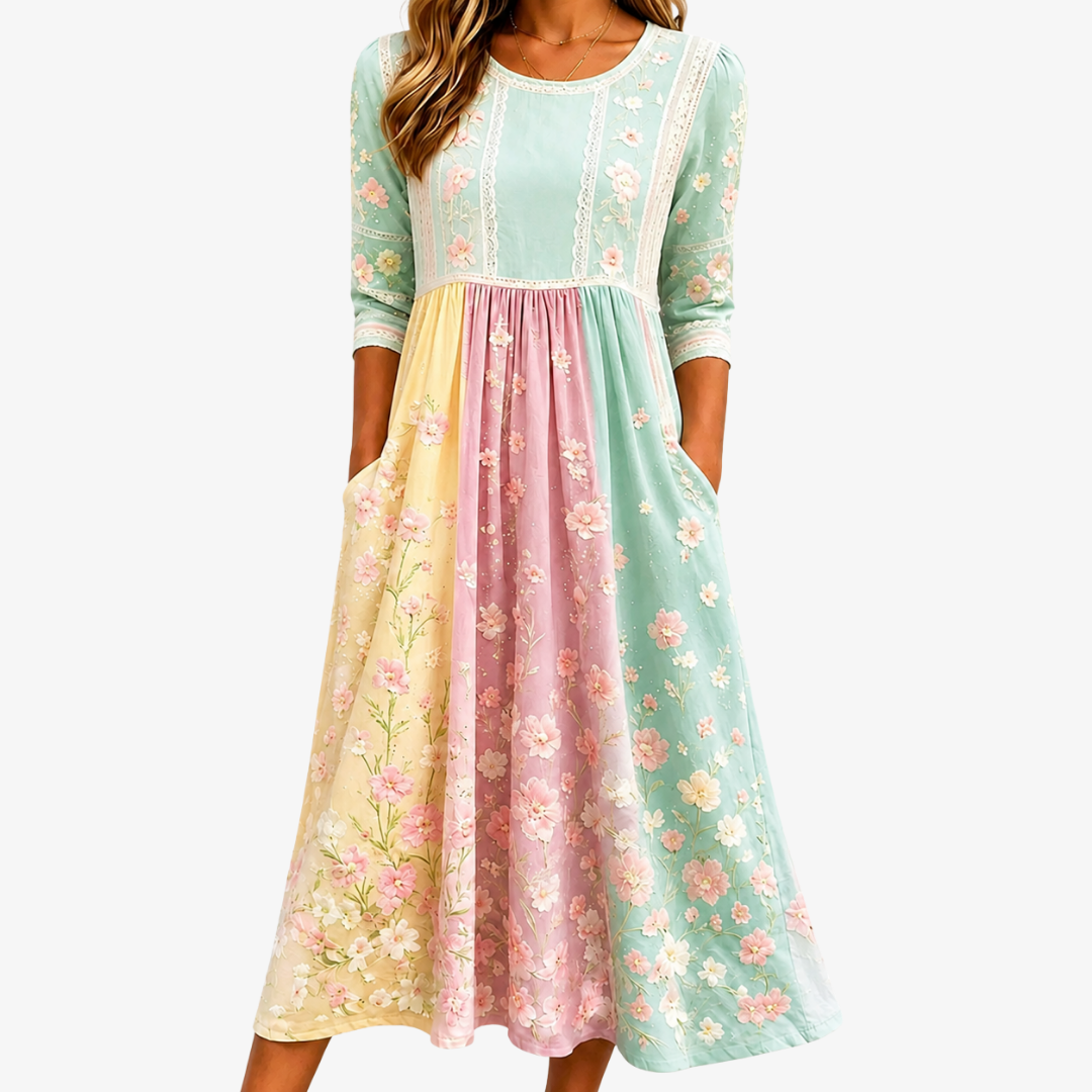 Floral Colorblock Patchwork Crew Neck Pocket Midi Dress