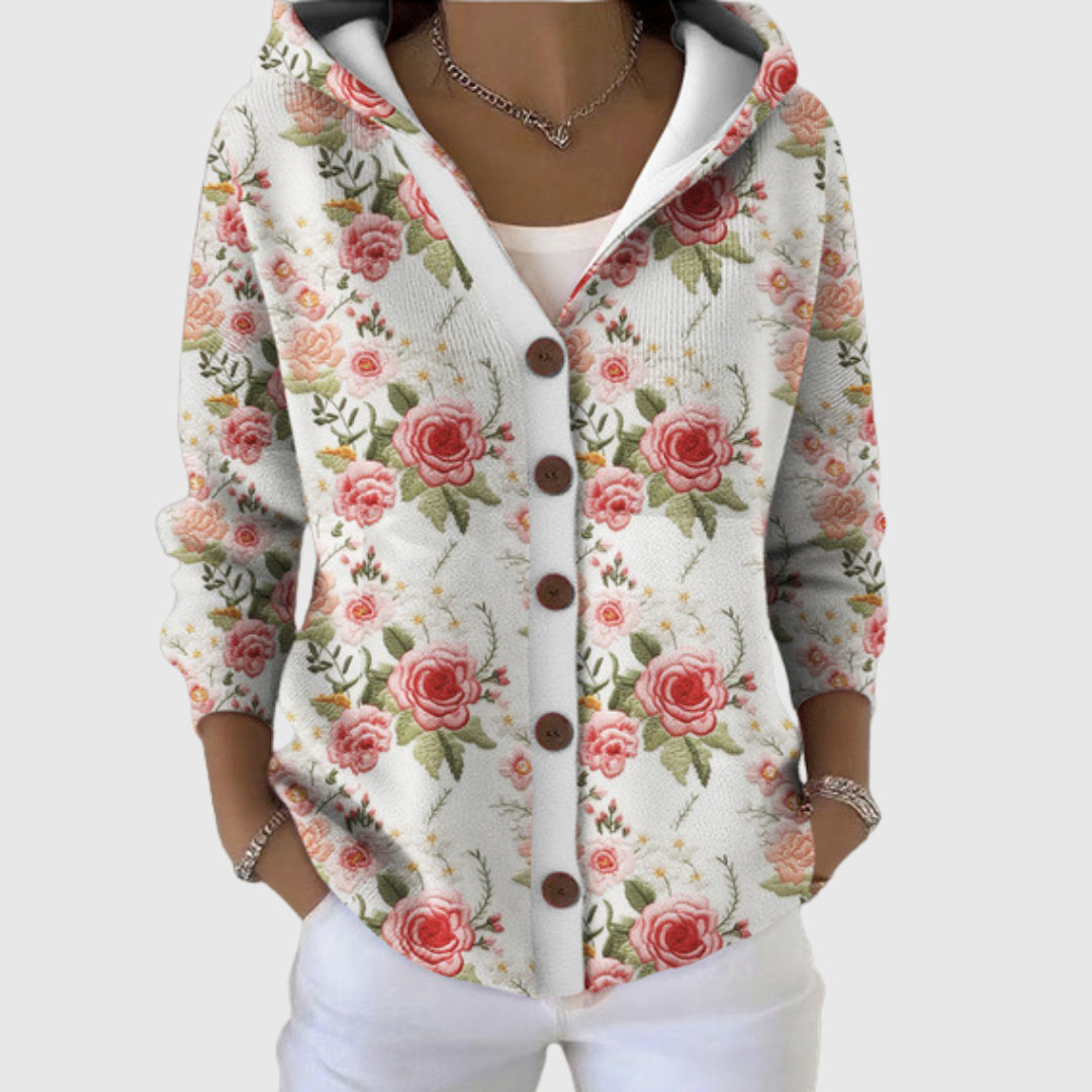 Rose Floral Print Hooded Button Front Knit Jacket