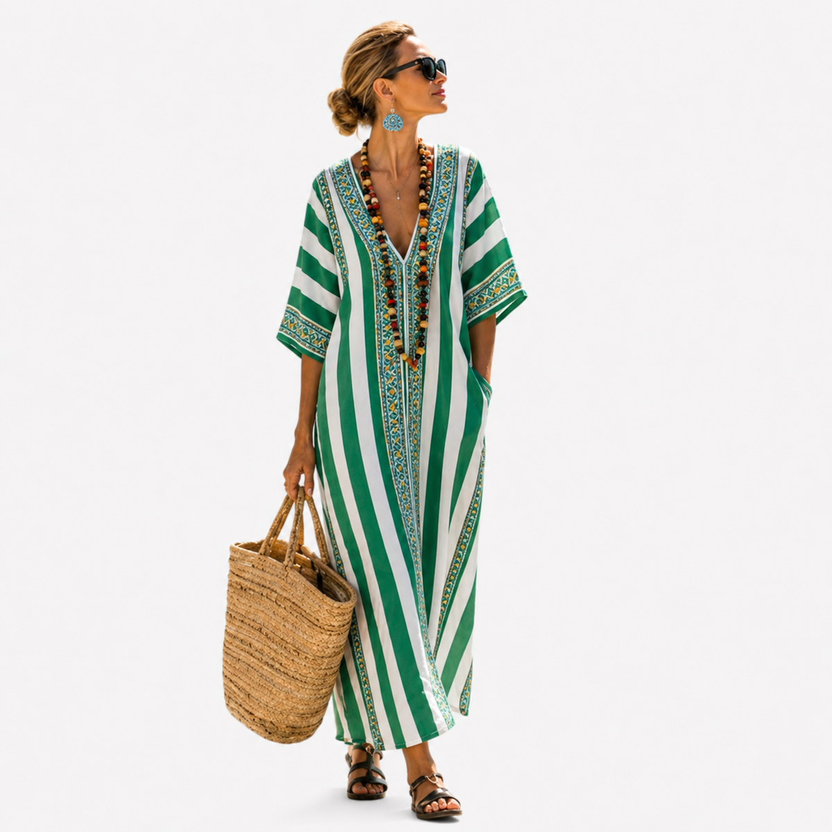 Striped Embroidered V-Neck Kaftan Maxi Dress