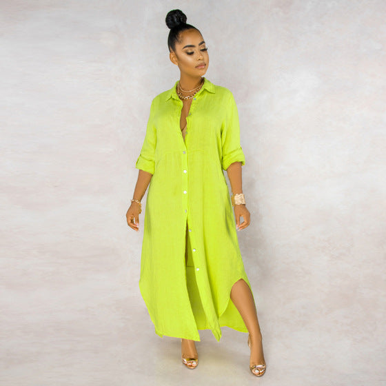 Button Down Collared Roll Tab Sleeve Box Pleat Maxi Shirt Dress - View 3