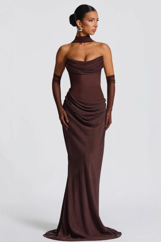 Strapless Cowl Neck Ruched Draped Mermaid Maxi Dress