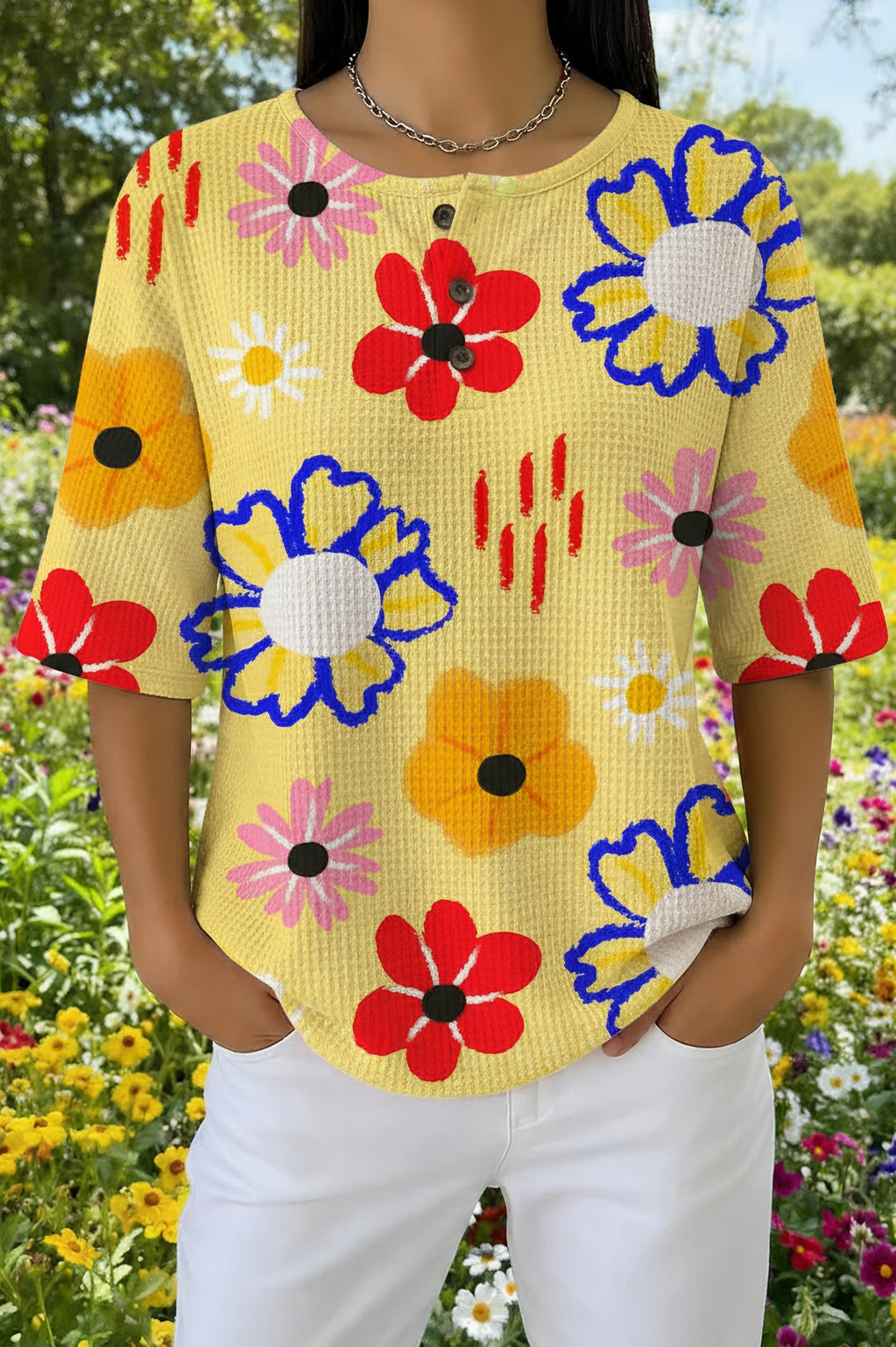 Floral Print Henley Neck Short Sleeve Waffle Knit Top