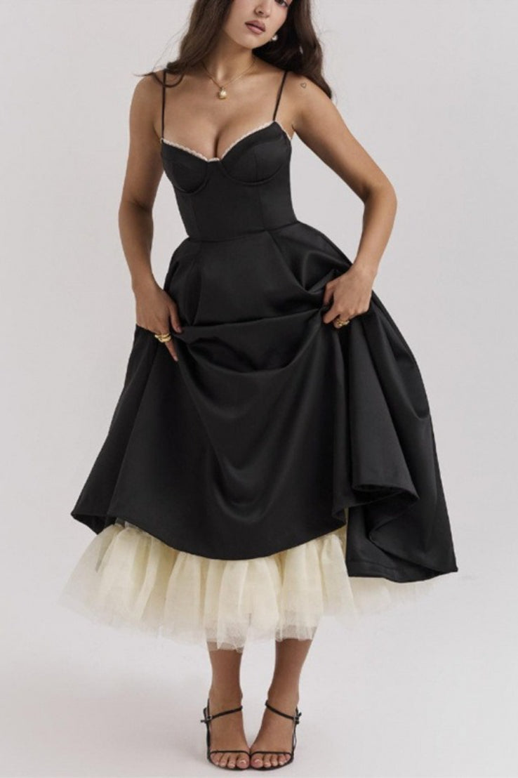 Spaghetti Strap Sweetheart Bustier Satin Fit and Flare Midi Dress 4