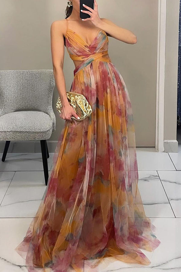 Floral Print Tulle V-Neck Spaghetti Strap High Split Maxi Gown 4