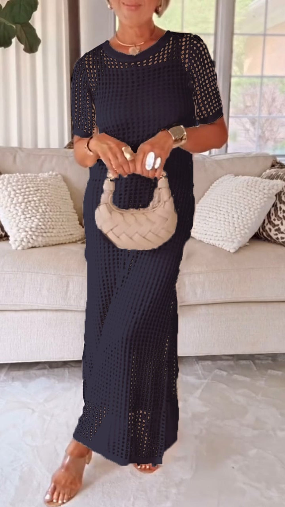 Crochet Hollow Out Short Sleeve Knit Maxi Cover Up Dress 6