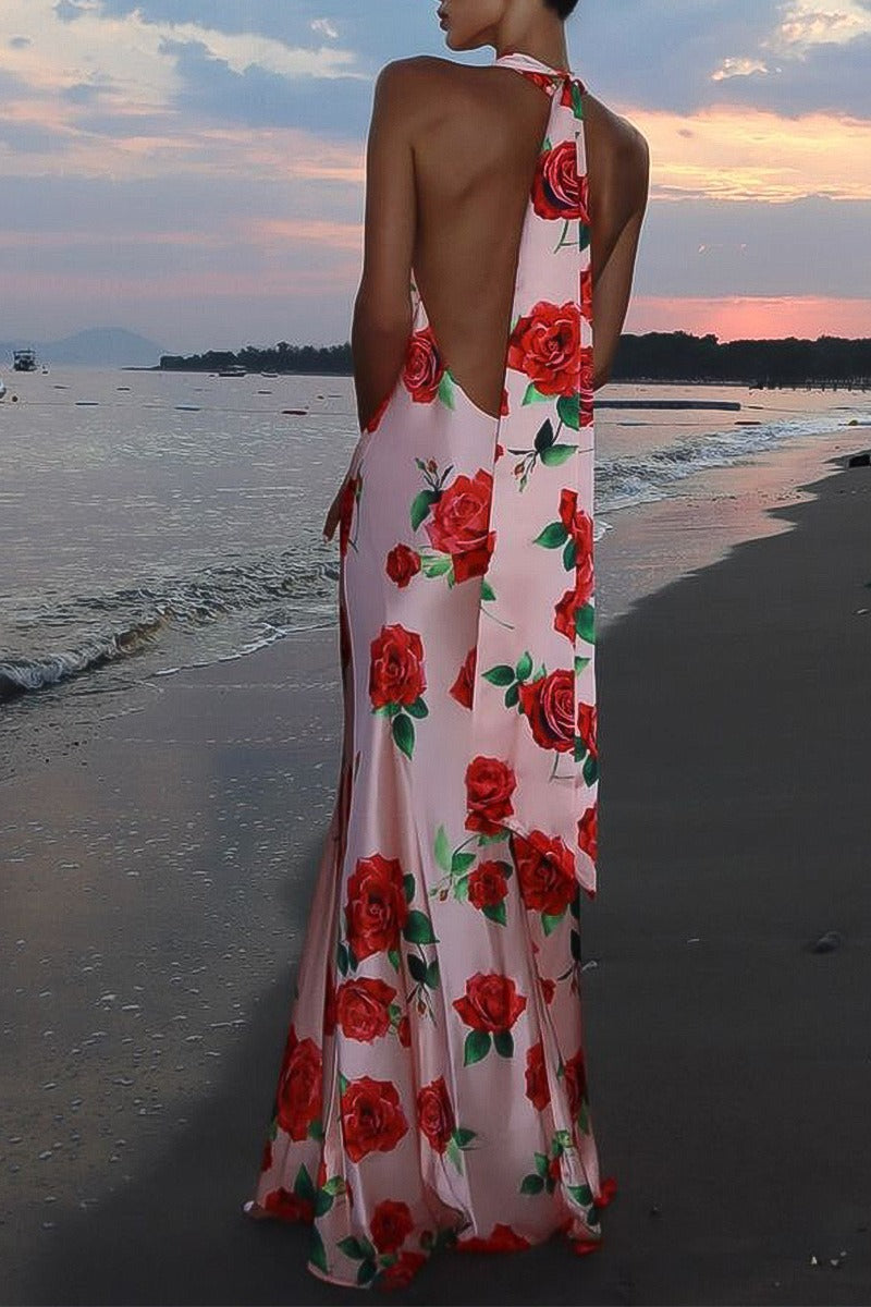 Printed Halter Backless Maxi Silk Dress - View 3