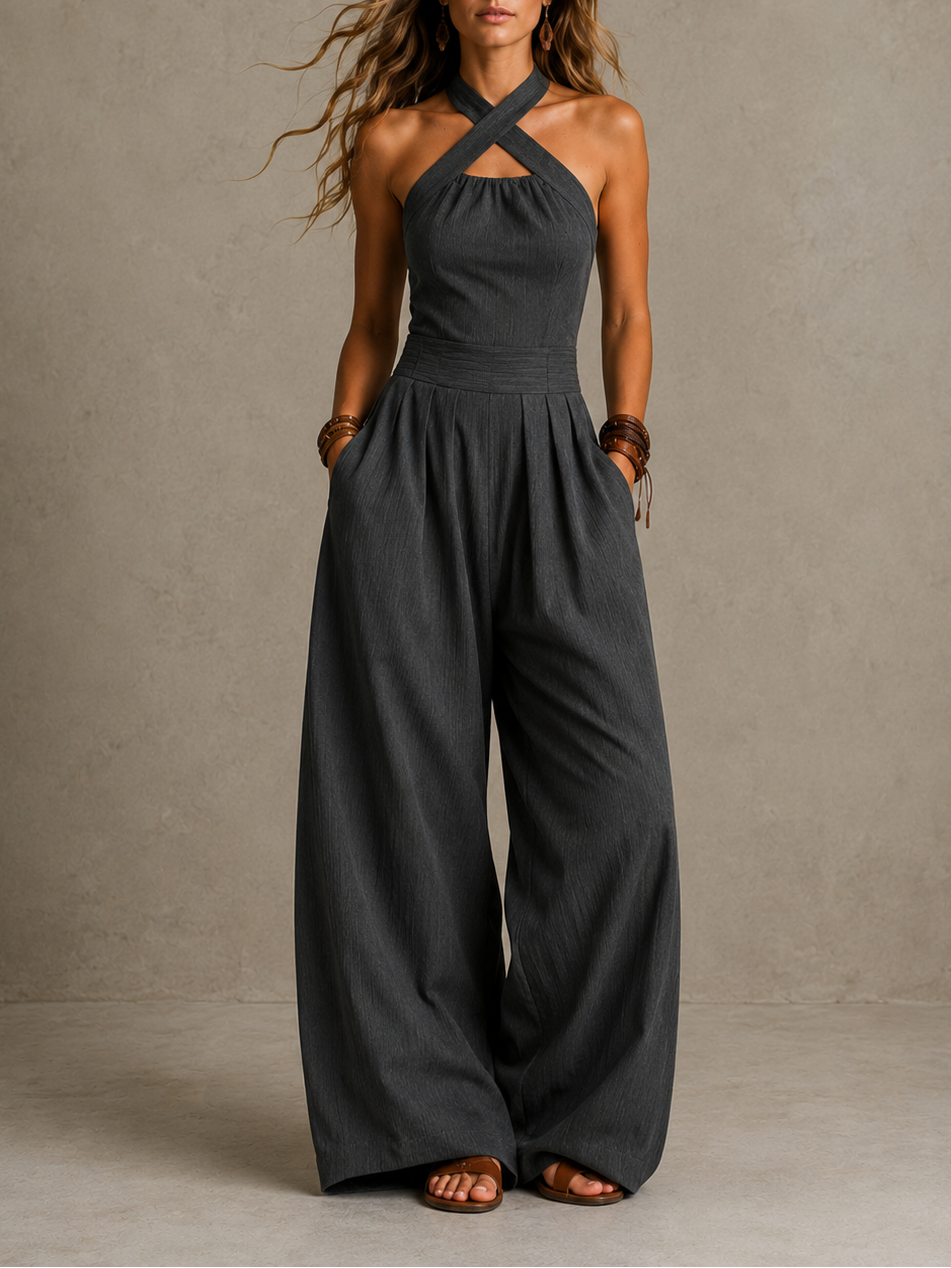 Halter Cross Front Pleated Wide Leg Jumpsuit 2