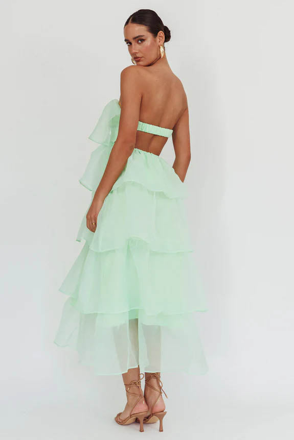 Strapless Backless Tiered Ruffle Organza Maxi Dress - View 12