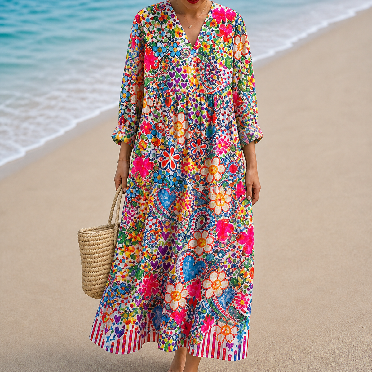 Floral Paisley V-Neck Long Sleeve Tiered Maxi Dress