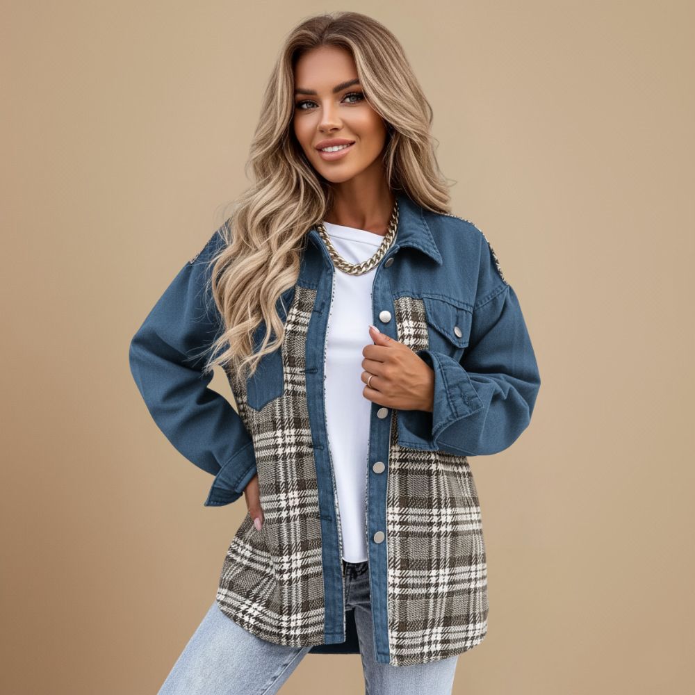 Plaid Patchwork Denim Button Front Shacket