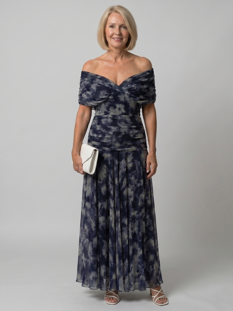 Floral Off Shoulder Ruched Chiffon Maxi Dress 26