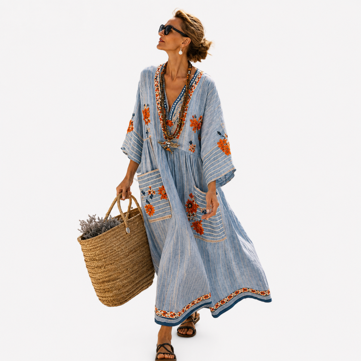 V-Neck Floral Embroidered Striped Kaftan Maxi Dress