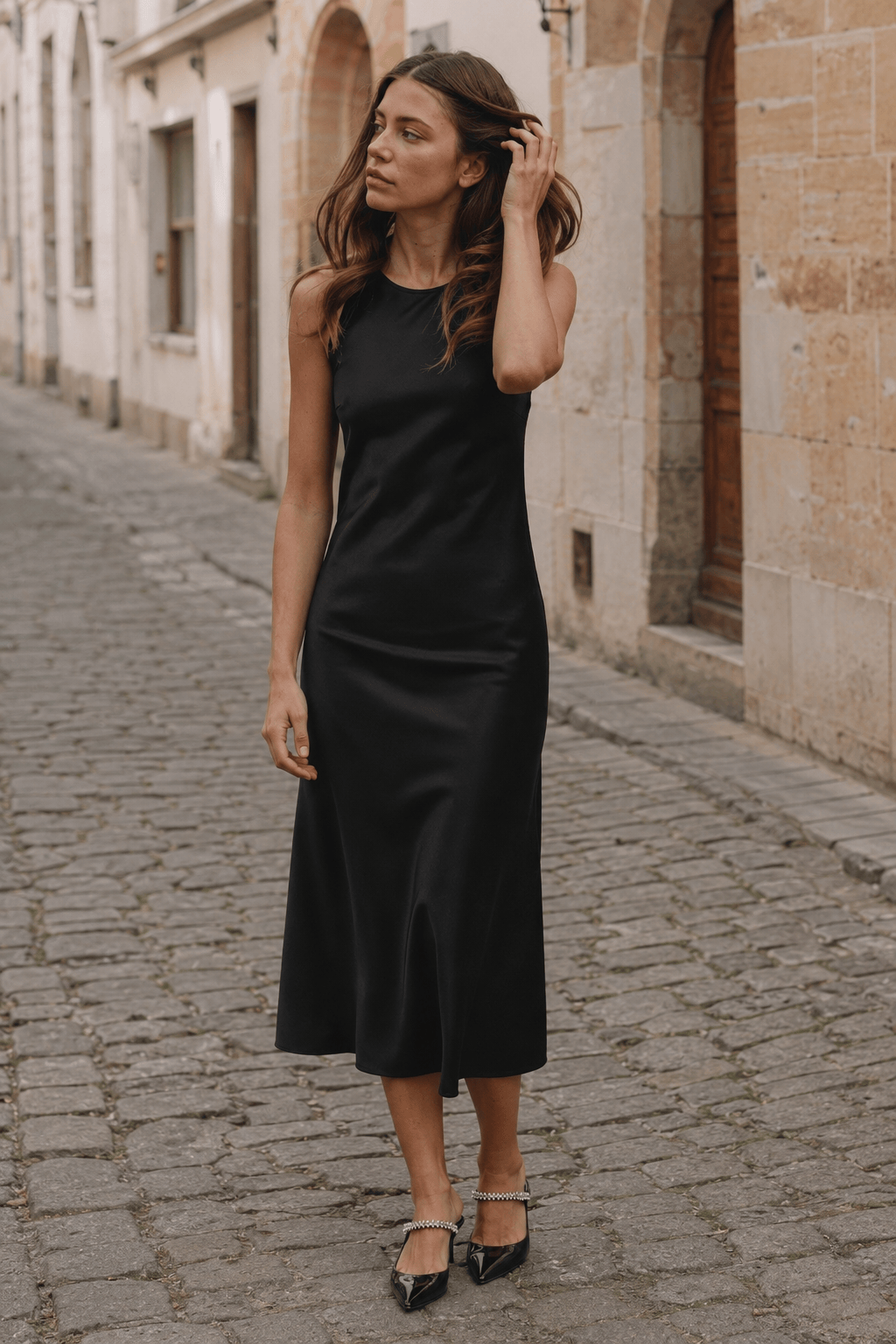 Round Neck Sleeveless Satin Bias Cut Midi Slip Dress 2