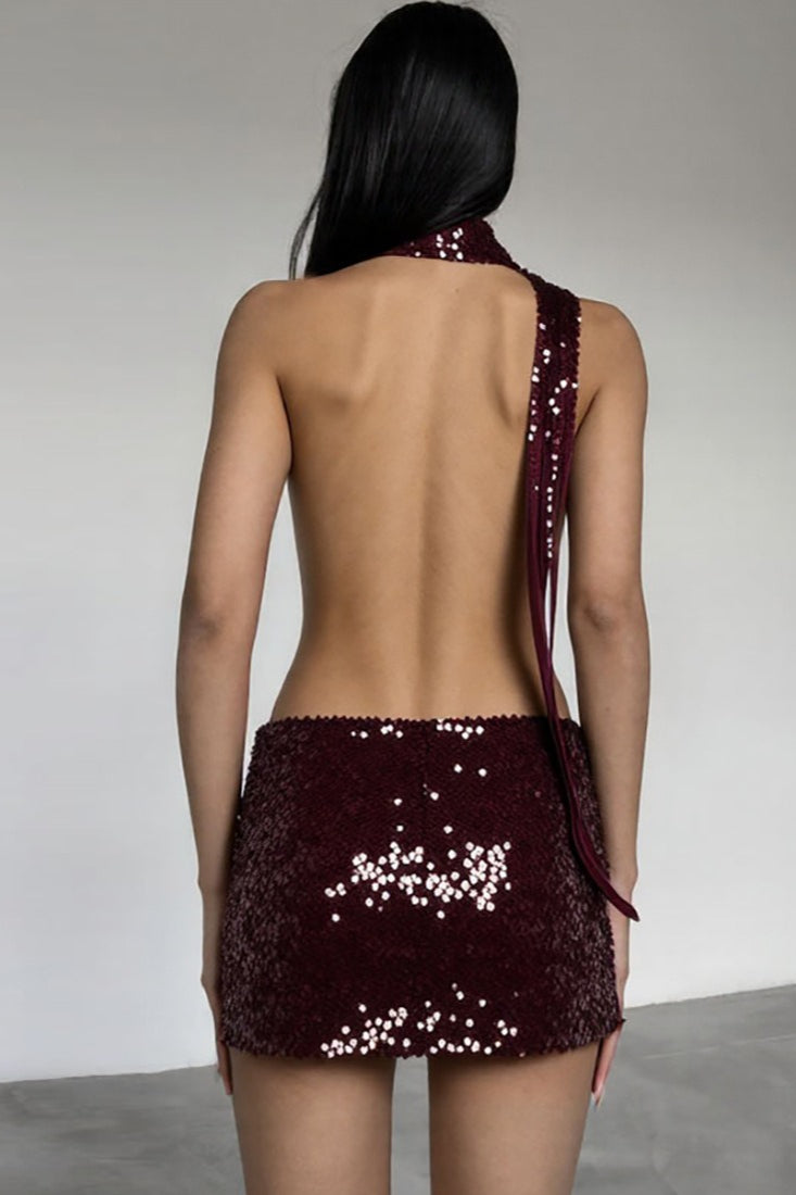 Sequin Halter Neck Deep V-Neck Backless Draped Bodycon Mini Dress - View 4