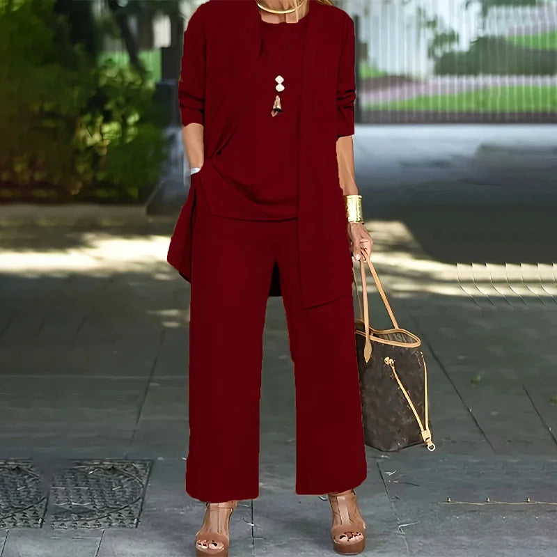 Round Neck Top Open Front Duster and Wide Leg Pants Three Piece Set 6