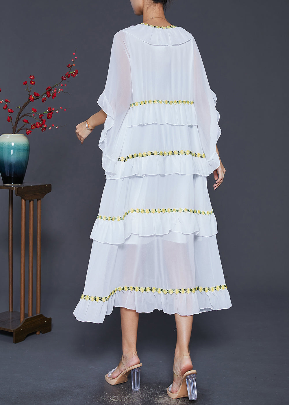 Chiffon V-Neck Ruffle Butterfly Sleeve Tiered Floral Maxi Dress - View 4