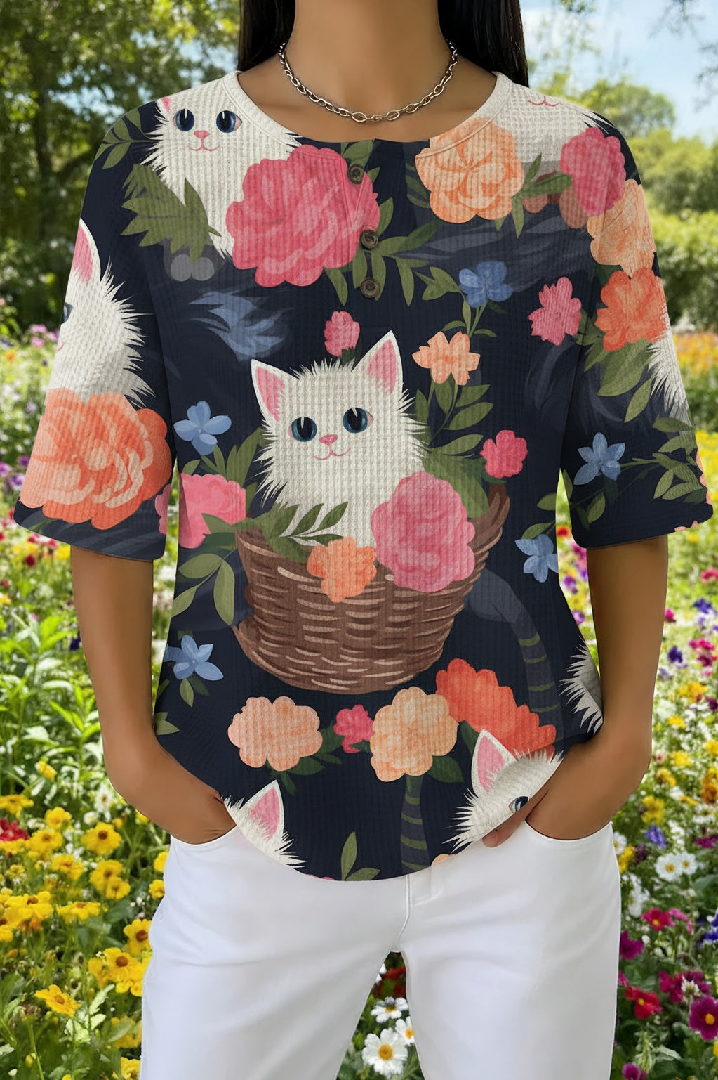 Cat in Basket Floral Print Short Sleeve Waffle Knit Top
