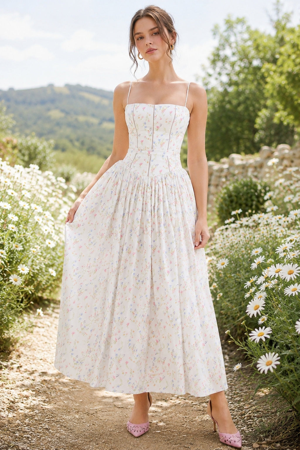 Square Neck Floral Corset Bodice Full Skirt Midi Dress