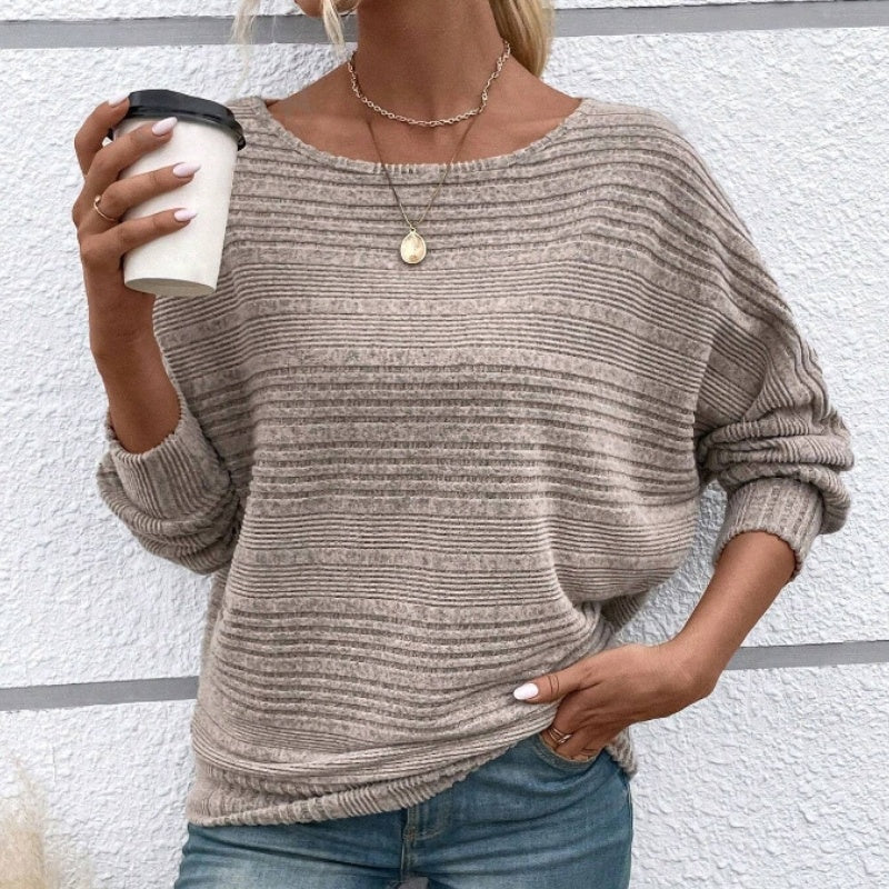 Striped Boat Neck Batwing Long Sleeve Knit Top 12