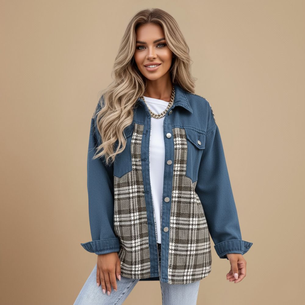 Plaid Patchwork Denim Button Front Shacket 2