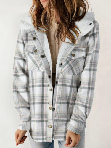 Plaid Sherpa Lined Button Front Hooded Shacket 14