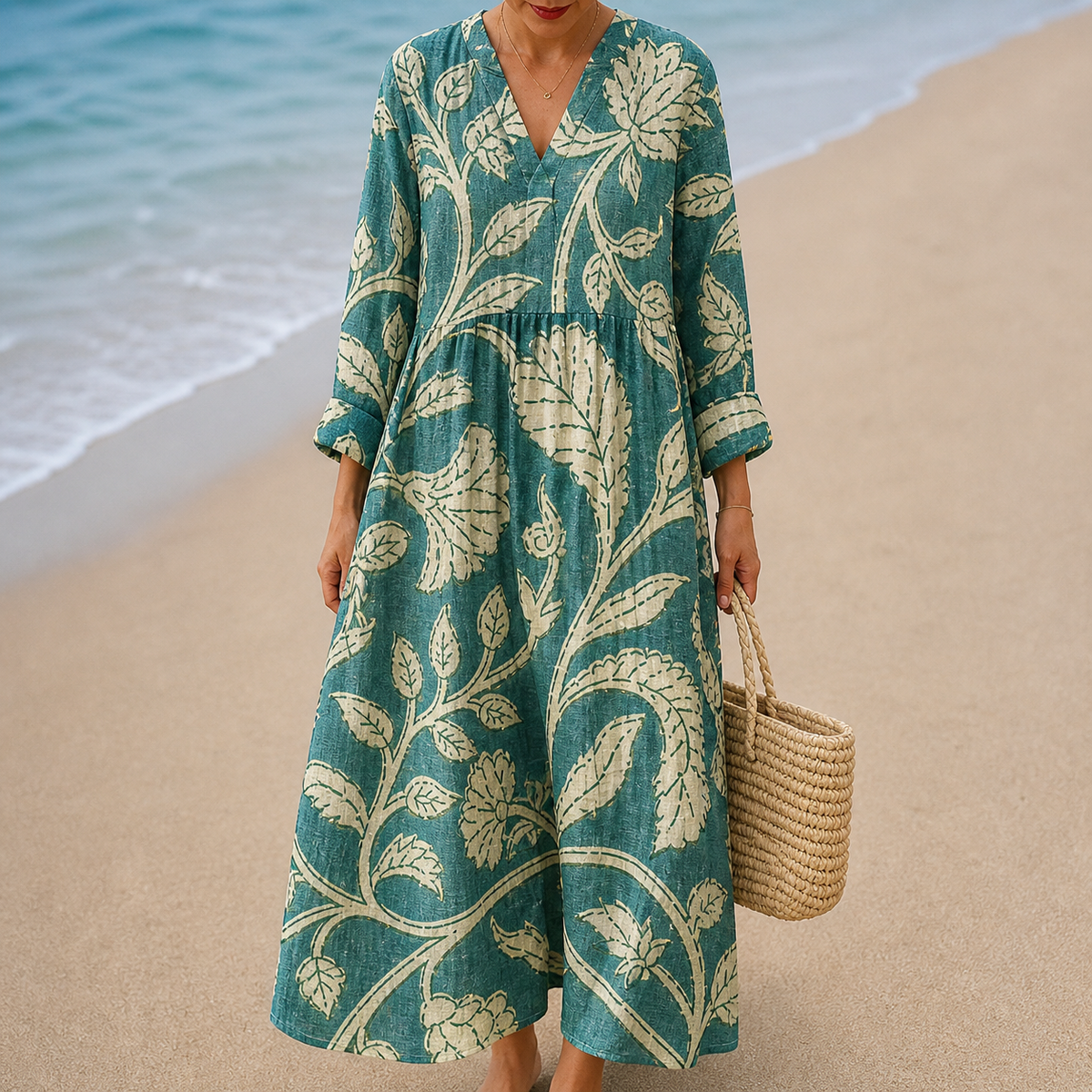 Botanical Leaf Print V-Neck Long Sleeve Maxi Dress