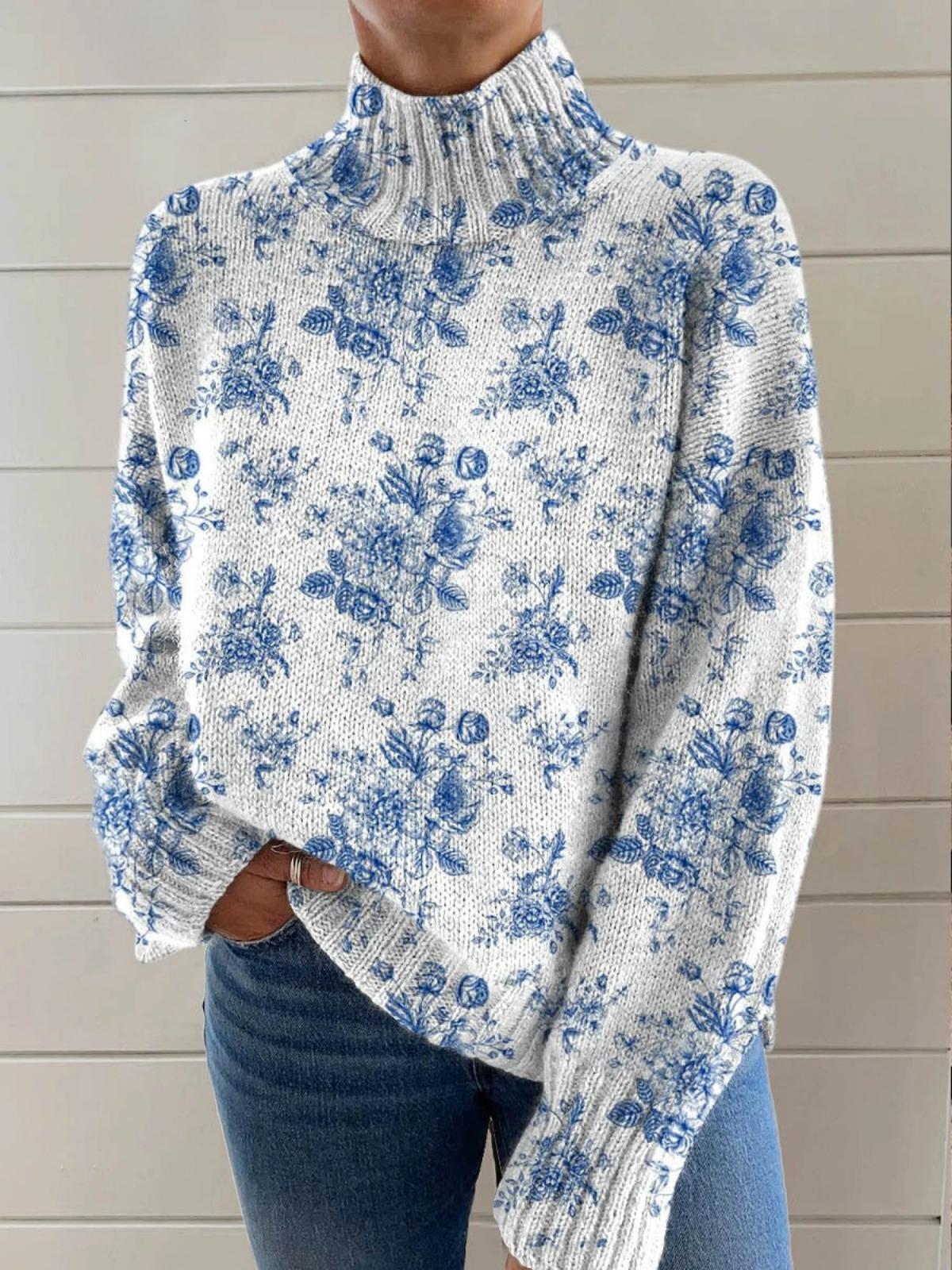 Floral Print Turtleneck Long Sleeve Sweater