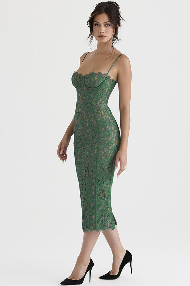 Joelle Forest Lace Midi Dress in Green - View 5