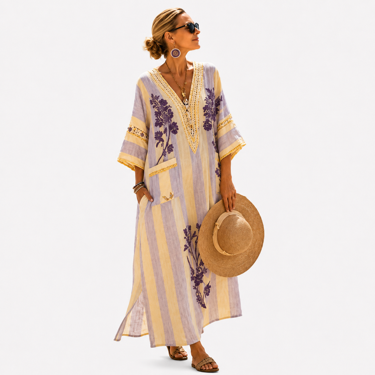 V-Neck Striped Floral Embroidered Kaftan Maxi Dress
