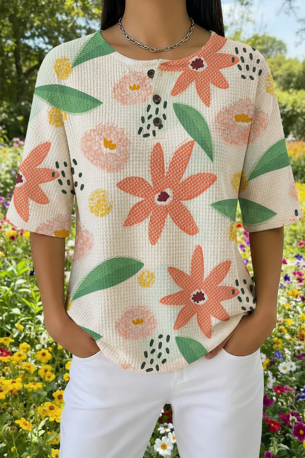 Floral Print Henley Half Sleeve Waffle Knit Top