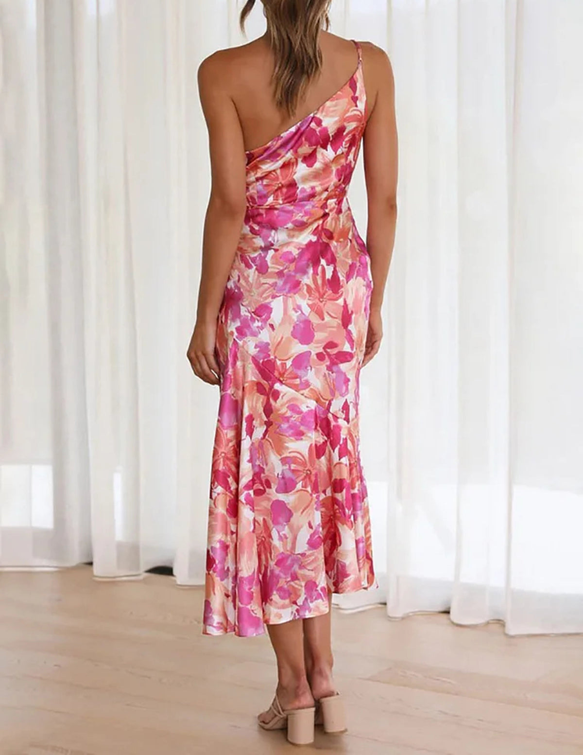 Floral Satin One Shoulder Ruched Mermaid Midi Dress - View 2