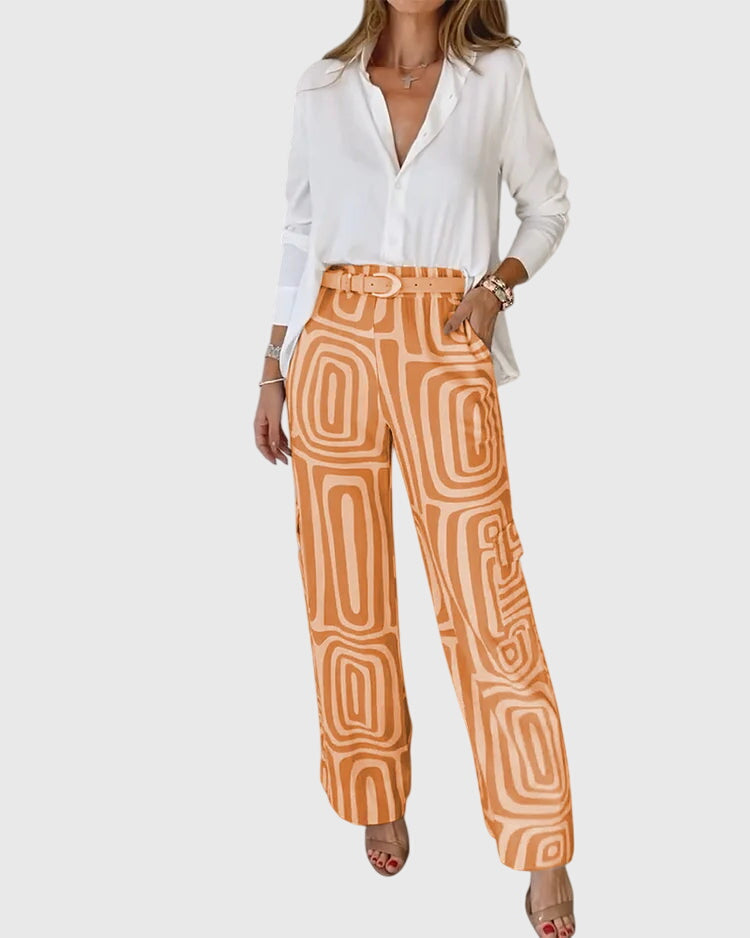 Long Sleeve Shirt and Geometric Print Wide Leg Pants Two Piece Set 6