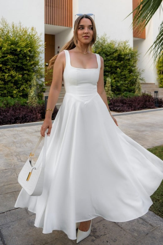 Square Neck Sleeveless Basque Waist A-Line Midi Cocktail Dress - View 2