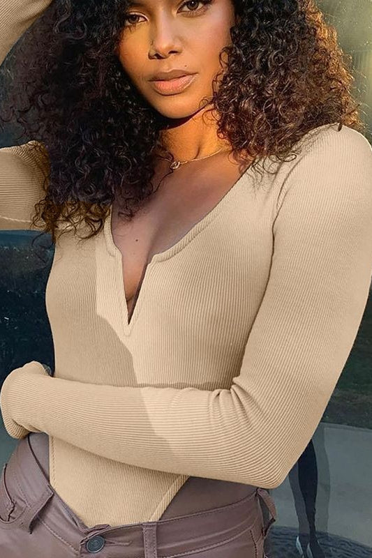 Ribbed V Neck Slim Solid Long Sleeve Bodysuit