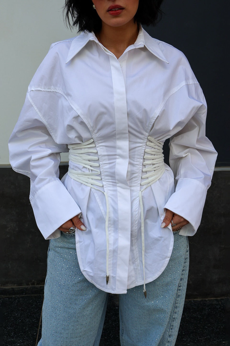 Double Ruched Tie Waist Slim Relaxed Fit Long Sleeve