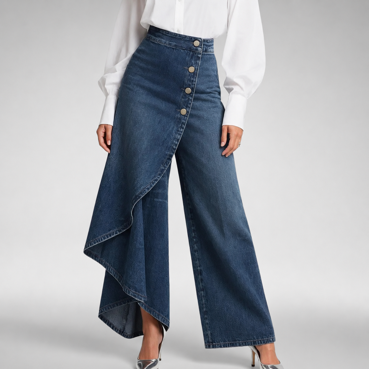 Layered Wrap Wide Leg Denim Trousers 3