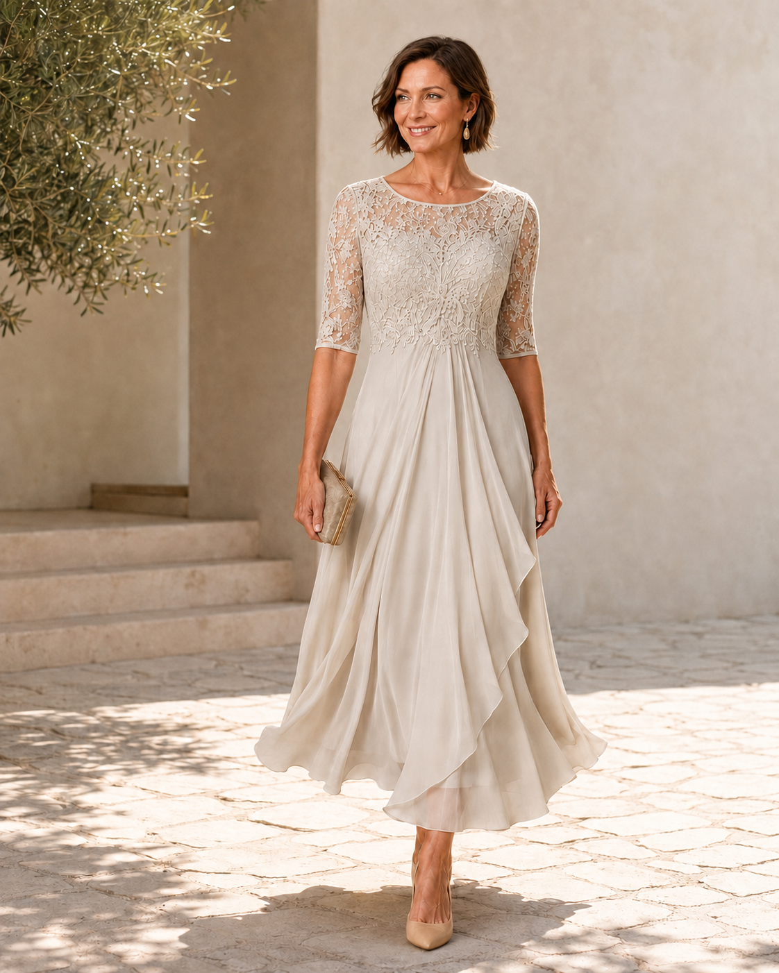 Lace Bodice Short Sleeve Draped Chiffon Tea Length Dress 3