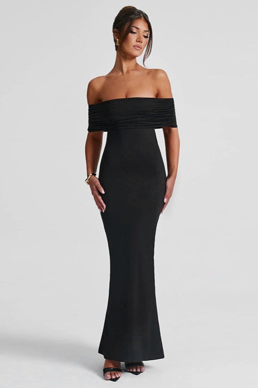 Solid Off Shoulder Ruched Formal Dress S / Black