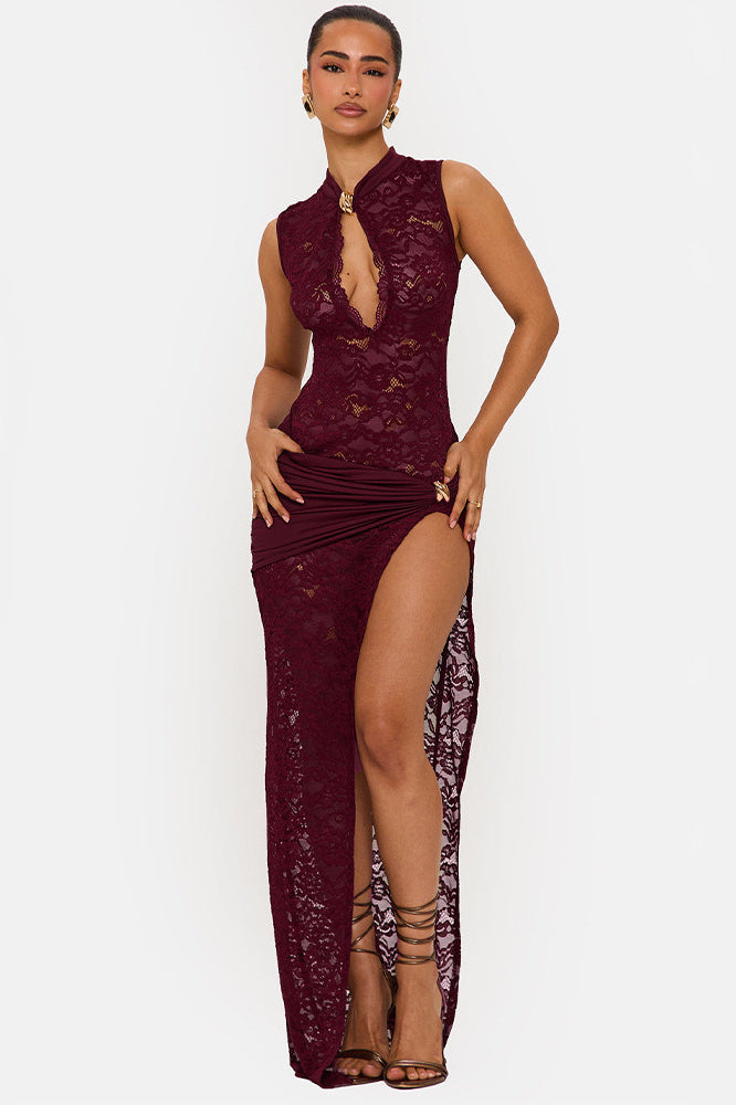 Sleeveless Lace High Slit Maxi Dress - View 5