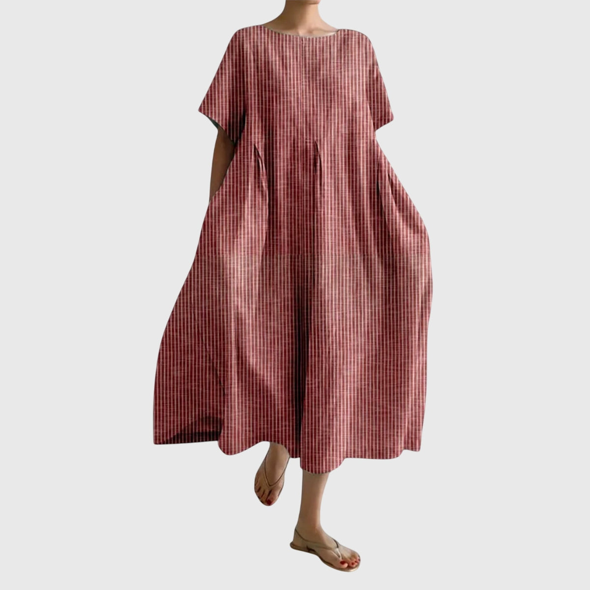 Striped Round Neck Short Sleeve Pleated Maxi Dress 2