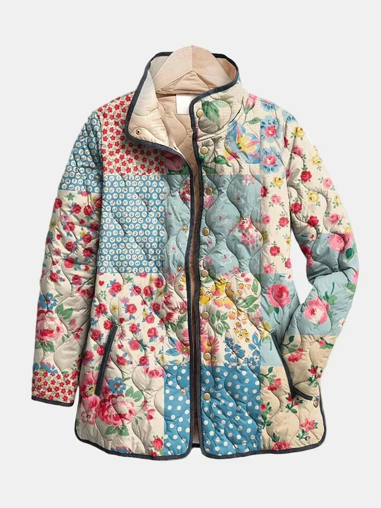 Floral Patchwork Stand Collar Quilted Jacket