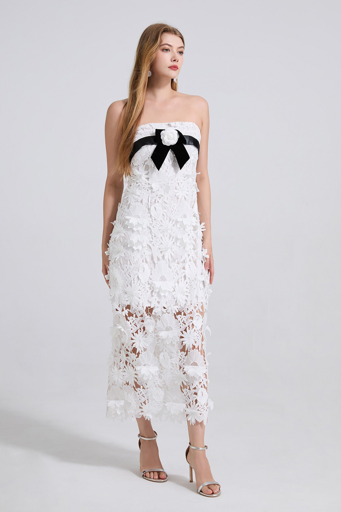 3D Floral Lace Applique Strapless Bodycon Midi Dress - View 5
