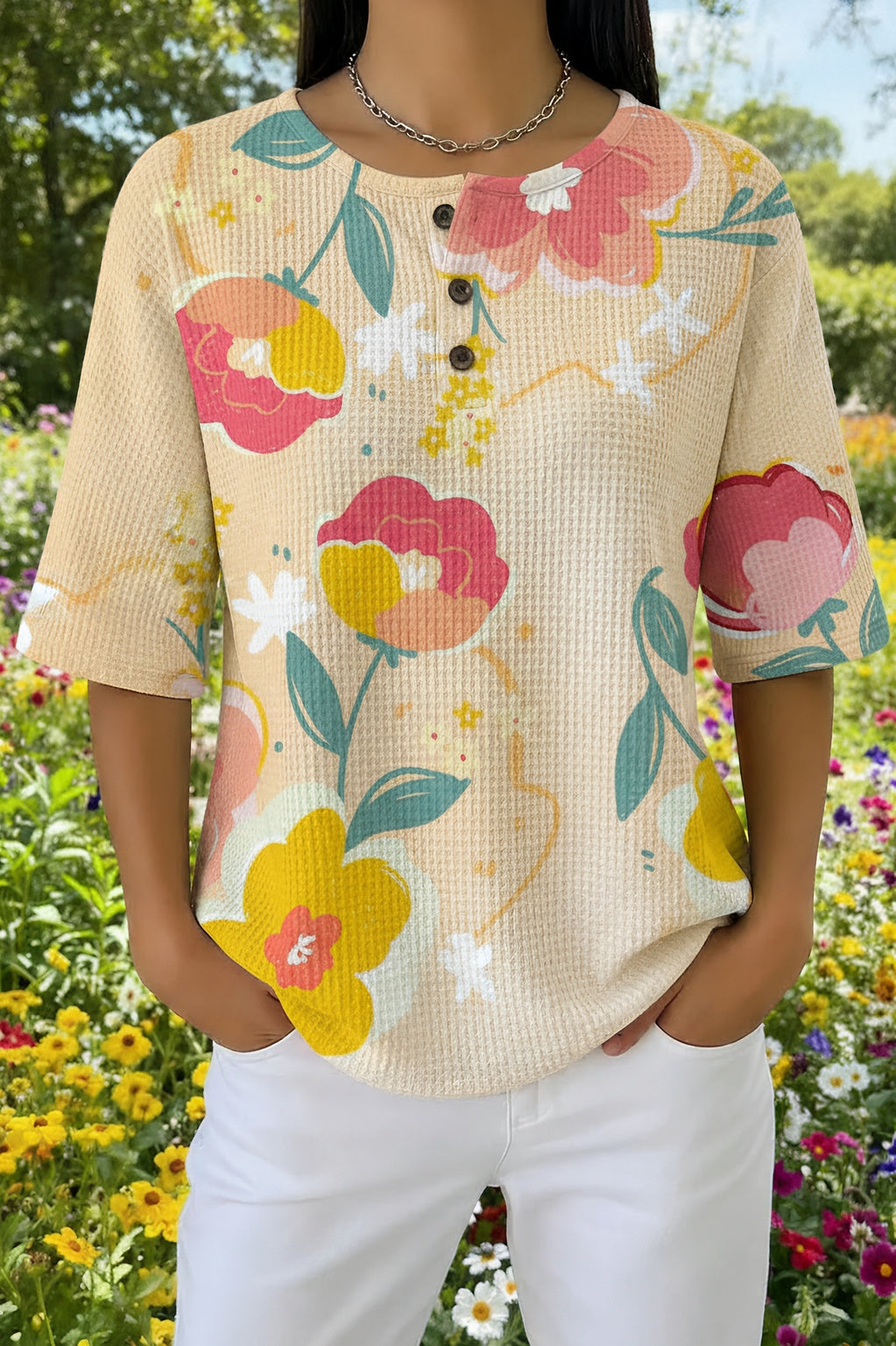 Floral Print Waffle Knit Short Sleeve Henley Top