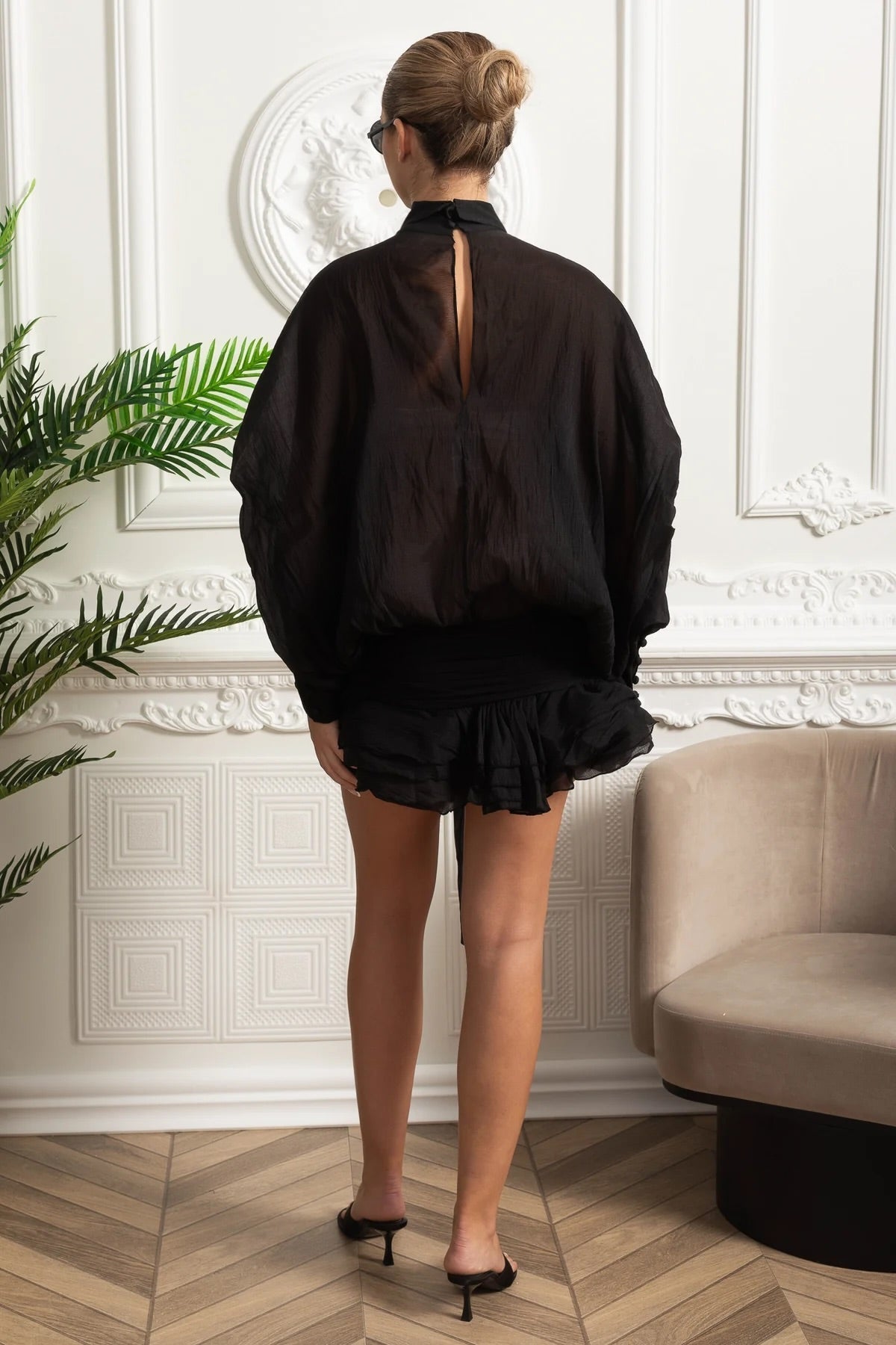 Sheer Bow-Neck Ruffle Mini Dress - Black - View 4