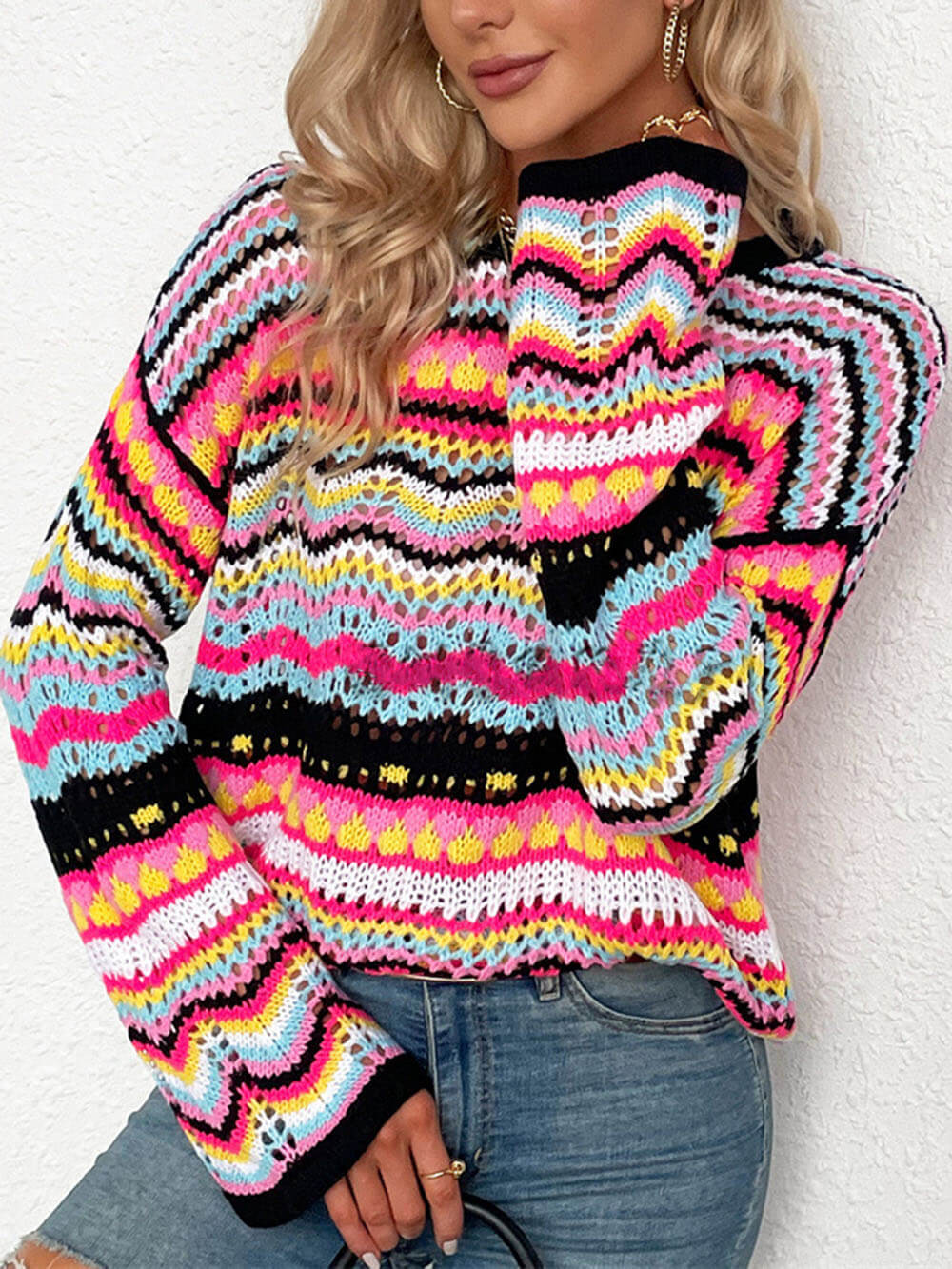 Open Knit Crochet Striped Drop Shoulder Sweater 3
