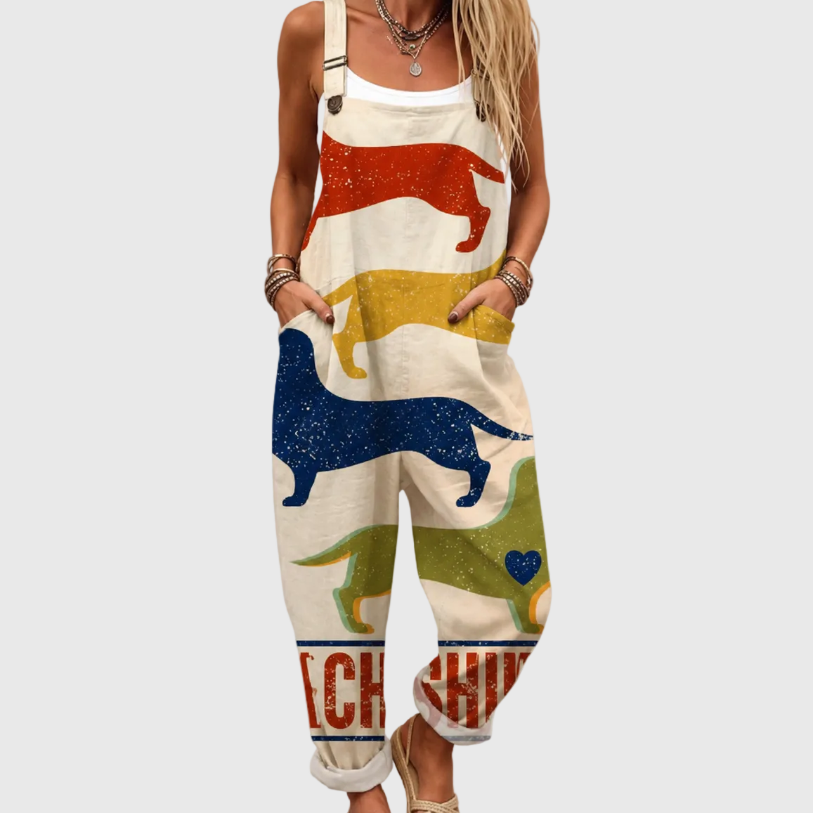 Dachshund Print Adjustable Strap Wide Leg Overalls Jumpsuit